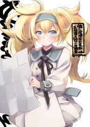 Rule 34 | 1girl, blonde hair, blue eyes, blush, buttons, closed mouth, dress, gambier bay (kancolle), hair between eyes, holding, holding map, kantai collection, long hair, long sleeves, map, n:go, official alternate costume, simple background, solo, twintails, twitter username, white background, white dress
