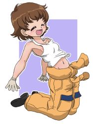 Rule 34 | 1girl, :d, black footwear, blue background, breasts, brown eyes, brown hair, closed eyes, clothes around waist, commentary, freckles, girls und panzer, gloves, jumpsuit, kneeling, leaning back, mechanic, navel, open mouth, orange jumpsuit, outline, outstretched arms, shirt, shoes, short hair, small breasts, smile, solo, spread arms, takahashi kurage, tank top, tsuchiya (girls und panzer), uniform, white gloves, white outline, white shirt
