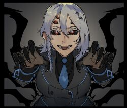 Rule 34 | 1girl, arachne, arthropod girl, arthropod limbs, black border, black nails, black sclera, black shirt, blue hair, blue necktie, border, braid, breasts, collared shirt, colored sclera, commentary, commission, english commentary, extra eyes, fangs, grey background, grey pupils, hair between eyes, highres, insect girl, leaning forward, long finger, medium breasts, military, military uniform, ministerovvox, monster girl, monster musume no iru nichijou, muv-luv, muv-luv alternative, necktie, rachnera arachnera, red eyes, shirt, side braid, smile, solo, spider girl, taur, uniform