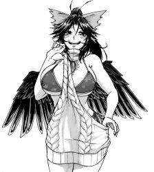 Rule 34 | 1girl, alternate costume, bare arms, bare shoulders, bikini, bikini under clothes, bird wings, blush, bow, breasts, clothes pull, commentary request, dress, greyscale, hair bow, half-closed eyes, hand up, high ponytail, huge breasts, koyubi (littlefinger1988), long hair, looking at viewer, meme attire, monochrome, open mouth, ponytail, pulled by self, reiuji utsuho, side-tie bikini bottom, side-tie bottom, simple background, sleeveless, sleeveless dress, sleeveless sweater, smile, solo, sweater, sweater dress, sweater pull, swimsuit, teeth, touhou, turtleneck, turtleneck sweater, upper body, upper teeth only, white background, wings
