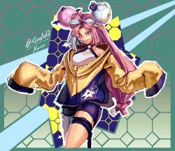 Rule 34 | 1girl, aqua hair, character hair ornament, creatures (company), game freak, hair ornament, highres, iono (pokemon), jacket, kornart, long hair, long sleeves, looking at viewer, multicolored hair, nintendo, oversized clothes, pink eyes, pink hair, pokemon, pokemon sv, smile, solo, standing, star (symbol), thigh strap, twitter username, two-tone hair, yellow jacket