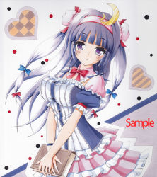 Rule 34 | 1girl, alternate costume, alternate hairstyle, blouse, book, crescent, crescent hair ornament, double bun, frilled skirt, frills, from side, hair bun, hair ornament, hair ribbon, hairband, holding, holding book, looking at viewer, marker (medium), multi-tied hair, munmu, patchouli knowledge, puffy short sleeves, puffy sleeves, purple eyes, purple hair, ribbon, sample watermark, shirt, short sleeves, skirt, solo, touhou, traditional media, tress ribbon, twintails, watermark