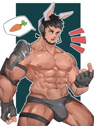 Rule 34 | 1boy, abs, animal ears, armor, bara, beard, beckoning, briefs, bulge, carrot, character request, check copyright, come hither, copyright request, cowboy shot, dark-skinned male, dark skin, facial hair, fingerless gloves, gloves, grey male underwear, hydaus, large pectorals, leg strap, looking at viewer, male focus, male underwear, mature male, muscular, muscular male, navel, nipples, original, pauldrons, pectorals, rabbit boy, rabbit ears, short hair, shoulder armor, single pauldron, solo, stomach, thick thighs, thigh strap, thighs, topless male, underwear