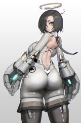 Rule 34 | 1girl, ass, back cutout, back tattoo, backboob, black hair, bodysuit, boots, breasts, clothing cutout, from behind, grey eyes, grey footwear, hair over one eye, halo, highres, hiragana oufu, large breasts, lips, looking at viewer, mecha musume, original, power gloves, short hair, skindentation, swept bangs, tattoo, thigh boots, thighhighs, tramp stamp, white bodysuit