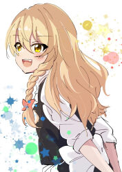 Rule 34 | 1girl, :d, arms behind back, back bow, black vest, blonde hair, blush, bow, braid, commentary, fang, from side, hair between eyes, hair bow, happy, highres, kirisame marisa, kyuu cat, long hair, looking at viewer, no headwear, open mouth, red bow, shirt, simple background, single braid, sketch, sleeves rolled up, smile, solo, star (symbol), teeth, touhou, tsurime, upper body, upper teeth only, vest, white background, white bow, white shirt, yellow eyes