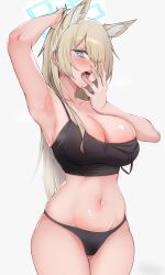 Rule 34 | 1girl, absurdres, animal ear fluff, animal ears, arm up, armpits, bare arms, black camisole, black panties, blonde hair, blue archive, blue eyes, blue halo, blush, breasts, camisole, cleavage, cowboy shot, crop top, fingernails, hair over one eye, halo, hand in own hair, hand to own mouth, hand up, highres, ika-san (eeeka 00), kanna (blue archive), large breasts, long hair, looking at viewer, messy hair, midriff, navel, no bra, no pants, one eye covered, open mouth, panties, sharp fingernails, sharp teeth, simple background, solo, standing, stomach, straight hair, strap slip, teeth, thigh gap, underwear, v-shaped eyebrows, white background, wide hips, yawning