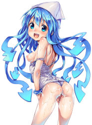 Rule 34 | 1girl, ass, bare shoulders, blue eyes, blue hair, breasts, cum, cum on ass, cum on body, cum on breasts, cum on hair, cum on lower body, cum on upper body, female focus, ikamusume, kink, long hair, matching hair/eyes, nipples, one-piece swimsuit, open mouth, shinryaku! ikamusume, simple background, solo, swimsuit, white background, white one-piece swimsuit