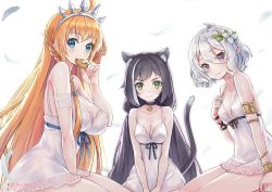 Rule 34 | 3girls, ahoge, animal ear fluff, animal ears, armlet, black choker, black hair, black ribbon, blue eyes, blue ribbon, breasts, cat ears, cat tail, choker, closed mouth, dress, eating, eyes visible through hair, flower, green eyes, hair between eyes, hair flower, hair ornament, karyl (princess connect!), kokkoro (princess connect!), large breasts, long hair, looking at viewer, low twintails, medium breasts, multicolored hair, multiple girls, omgamilla, orange hair, pecorine (princess connect!), pointy ears, princess connect!, red eyes, ribbon, short hair, sitting, small breasts, smile, streaked hair, tail, tiara, twintails, white dress, white hair