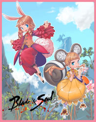 Rule 34 | 10s, 2girls, animal ears, azuemanga, bag, blade &amp; soul, border, bow, brown hair, copyright name, dress, drill hair, frown, lyn (blade &amp; soul), mountain, multiple girls, open mouth, outline, outstretched arms, pink border, plant, rabbit ears, rabbit tail, smile, squirrel ears, squirrel tail, tail, twin drills, twintails, yellow dress