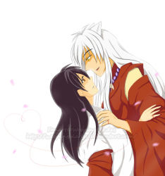 Rule 34 | 1boy, 1girl, animal ears, artist request, black hair, brown eyes, couple, dog ears, hand on shoulder, heart, heart of string, hetero, higurashi kagome, inuyasha, inuyasha (character), japanese clothes, jewelry, miko, necklace, petals, string, string of fate, watermark, white background, white hair, yellow eyes
