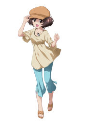 1girl absurdres akiyama_yukari brown_eyes brown_hair dog_tags full_body girls_und_panzer hat highres holding holding_unworn_clothes holding_hat holding_unworn_clothes open_mouth pants sandals shiina_excel shoes short_hair simple_background solo