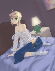 Rule 34 | 00s, 1girl, ahoge, all fours, artoria pendragon (all), artoria pendragon (fate), back, bare shoulders, bed, bedroom, blonde hair, blouse, cthulhu, fate/stay night, fate (series), green eyes, indoors, lamp, nightstand, paintpixel, panties, saber (fate), shirt, socks, solo, underwear, undressing