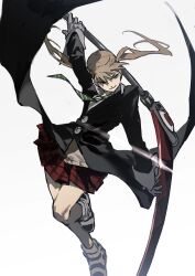 Rule 34 | 1girl, absurdres, blonde hair, gloves, green eyes, green necktie, highres, holding, holding scythe, holding weapon, ma0ma0 0, maka albarn, necktie, plaid, plaid skirt, school uniform, scythe, skirt, smirk, soul eater, striped clothes, striped footwear, striped necktie, sweater, twintails, weapon, white gloves