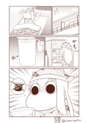 Rule 34 | &gt; &lt;, abyssal ship, blanket, building, frown, futon, hair between eyes, hat, highres, horns, kantai collection, long hair, long sleeves, monochrome, moomin, muppo, nightcap, pajamas, pitcher (container), pot, refrigerator, sazanami konami, shaded face, stretching, teabag, thought bubble, translation request, twitter username, window
