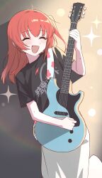 1girl absurdres bass_guitar black_shirt blanchat blush bocchi_the_rock! closed_eyes feet_out_of_frame highres holding holding_instrument instrument kita_ikuyo long_hair long_skirt music one_side_up open_mouth playing_instrument red_hair shirt short_sleeves sidelocks skirt smile solo sparkle sweat white_skirt