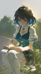Rule 34 | 1girl, absurdres, ahoge, bad hand, black hair, blue dress, blue eyes, blue hair, book, bookmark, bush, chinese commentary, colored inner hair, commentary request, detached collar, dress, feet out of frame, grey sky, highres, honkai (series), honkai impact 3rd, light smile, looking down, multicolored hair, open book, outdoors, reading, ribao, seele vollerei, seele vollerei (swallowtail phantasm), shirt, short hair, short sleeves, sitting on wall, sky, solo, thighhighs, undershirt, wall, white shirt, white thighhighs