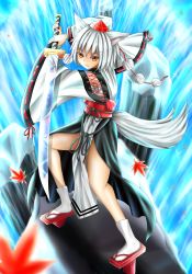 Rule 34 | 1girl, animal ears, autumn leaves, bare shoulders, detached sleeves, firolat, geta, hat, inubashiri momiji, japanese clothes, kourindou tengu costume, leaf, looking at viewer, pom pom (clothes), red eyes, reflection, rock, sarashi, short hair, silver hair, solo, sword, tail, tokin hat, touhou, water, weapon, wolf ears, wolf tail