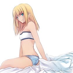 Rule 34 | 1girl, ass, back, bed sheet, blonde hair, blue eyes, breasts, camisole, fate/apocrypha, fate (series), long hair, mordred (fate), mordred (fate/apocrypha), panties, pillow, sitting, small breasts, solo, strapless, striped clothes, striped panties, tube top, tusia, underwear, underwear only
