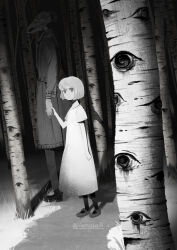 1girl 1other :/ animal_head animal_skull birch_tree child coat commentary_request disembodied_eye dot_nose dress expressionless expressions forest from_side full_body grass greyscale height_difference highres holding_hands horns horror_(theme) long_sleeves looking_at_viewer matsuba10 medium_hair monochrome nature original scenery sheep_horns shoes short_sleeves skull_head trench_coat twitter_username