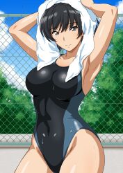 1girl absurdres amagami armpits arms_up black_eyes black_hair black_one-piece_swimsuit breasts bush chain-link_fence closed_mouth commentary_request competition_swimsuit covered_navel fence hands_on_own_head highleg highleg_one-piece_swimsuit highres large_breasts looking_at_viewer one-piece_swimsuit outdoors ponytail shiny_skin short_hair smile solo swimsuit towel towel_on_head tsukahara_hibiki two-tone_one-piece_swimsuit two-tone_swimsuit wet yuuyuu_(3jjbn)