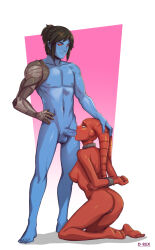 Rule 34 | 1boy, 1girl, arms behind back, ass, barefoot, blue skin, bound, bound arms, breasts, brown hair, collar, collarbone, colored skin, completely nude, d-rex, fellatio, full body, hetero, highres, large breasts, long hair, mechanical arms, metal collar, navel, nipples, nude, oral, penis, pink background, rape, red eyes, red hair, red skin, short hair, single mechanical arm, smile, standing, star wars, tongue, tongue out, twi&#039;lek, white background