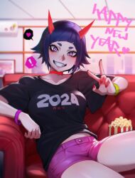 Rule 34 | 1girl, 2024, black crowser, black shirt, blue hair, breasts, couch, food, happy new year, highres, horns, medium breasts, midriff, new year, original, pink shorts, popcorn, purple eyes, red nails, ringed eyes, shirt, shorts, smile, solo, stomach, t-shirt, teeth, v