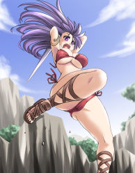 Rule 34 | 1girl, ankle lace-up, athena (series), attack, bikini, breasts, cameltoe, cleavage, cloud, cross-laced footwear, day, large breasts, long hair, open mouth, princess athena, purple eyes, purple hair, red bikini, sandals, side-tie bikini bottom, snk, solo, swimsuit, sword, tonpuu, underboob, weapon