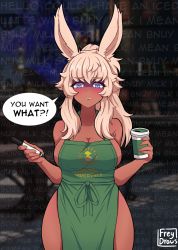 Rule 34 | 1girl, absurdres, animal ears, apron, artist name, blonde hair, blue eyes, blurry, blurry background, blush, breasts, character request, cleavage, collarbone, copyright request, final fantasy, final fantasy xiv, freckles, freydraws, highres, holding, iced latte with breast milk (meme), large breasts, long hair, looking at viewer, marker, meme, naked apron, original, parted lips, solo, speech bubble, straight-on, tareme, thick thighs, thighs, warrior of light (ff14)