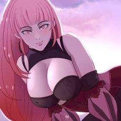 Rule 34 | 1girl, bare shoulders, bent over, breasts, cleavage, cleavage cutout, clothing cutout, corset, female focus, fire emblem, fire emblem: three houses, hair down, highres, hilda valentine goneril, ihsnet, large breasts, leaning forward, light blush, lips, lipstick, long hair, lowered eyelids, makeup, matching hair/eyes, nintendo, pink eyes, pink hair, pink lips, puffy sleeves, smile, solo, very long hair, wrist cuffs