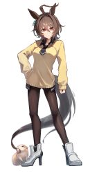 Rule 34 | 1girl, absurdres, agnes tachyon (umamusume), ahoge, animal ears, arm at side, artist name, biting hair, black necktie, black shirt, boots, breasts, brown hair, brown thighhighs, clenched hand, closed mouth, coccix, collared shirt, earrings, full body, guinea pig, hair intakes, hand on own hip, high heel boots, high heels, highres, horse ears, horse girl, horse tail, jewelry, long sleeves, looking at viewer, medium breasts, medium hair, necktie, pantyhose, red eyes, shirt, short necktie, simple background, single earring, solo, standing, sweater, tail, thighhighs, umamusume, white background, white footwear, yellow sweater