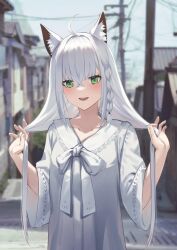 Rule 34 | 1girl, ahoge, animal ear fluff, animal ears, blurry, blush, bow, bowtie, braid, building, cable knit, city, commentary, crossed bangs, day, depth of field, dress, fox ears, green eyes, hair between eyes, hands up, highres, holding, holding hair, hololive, lace, lace-trimmed collar, lace-trimmed dress, lace trim, long hair, long sleeves, open mouth, outdoors, power lines, shirakami fubuki, shirakami fubuki (street), side braid, sidelocks, single braid, sky, smile, solo, stoner08, twintails, upper body, utility pole, very long hair, virtual youtuber, white bow, white bowtie, white dress, white hair, wide sleeves