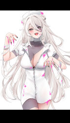 Rule 34 | 1girl, ahoge, alternate costume, animal ears, bandaged arm, bandaged neck, bandages, black nails, blood, blood on clothes, blood on hands, blush, breasts, button gap, cleavage, colored skin, commentary, cowboy shot, dress, ear piercing, fangs, grey eyes, grey skin, hair between eyes, hair intakes, hat, highres, hololive, large breasts, letterboxed, lion ears, long hair, looking at viewer, multicolored skin, nail polish, nerorigogo, no bra, nurse, nurse cap, open mouth, outstretched arms, partially unbuttoned, patchwork skin, piercing, purple blood, shishiro botan, short dress, simple background, smile, solo, standing, teeth, upper teeth only, very long hair, virtual youtuber, white background, white dress, white hair, white hat, zombie, zombie pose