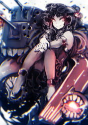 Rule 34 | 10s, 1girl, abyssal ship, bare shoulders, black dress, black footwear, black hair, blurry, bonnet, colored skin, depth of field, dress, elbow gloves, genyaky, gloves, gothic lolita, hairband, hands on own knees, highres, isolated island oni, kantai collection, lolita fashion, lolita hairband, long hair, looking at viewer, machinery, pale skin, pantyhose, red eyes, shoes, smile, solo, white skin