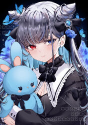 Rule 34 | 1girl, absurdres, black background, black bow, black dress, blue eyes, blush, bow, breasts, bug, butterfly, cleavage, cone hair bun, cross, dress, earrings, grey hair, hair bun, hair ornament, hairclip, heterochromia, highres, holding, holding stuffed toy, insect, jewelry, long hair, long sleeves, looking at viewer, medium breasts, norisukexxy, original, red eyes, simple background, solo, stuffed animal, stuffed rabbit, stuffed toy