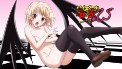Rule 34 | 10s, 1boy, ass, black thighhighs, black wings, blonde hair, blush, body blush, bottomless, checkered floor, collarbone, copyright name, covering privates, covering chest, demon wings, embarrassed, eyecatch, fang, fingernails, floor, gasper vladi, gradient background, head tilt, high school dxd, high school dxd new, highres, leaning back, legs, legs up, long image, looking at viewer, male focus, navel, nude, official art, official wallpaper, on floor, open mouth, pointy ears, purple eyes, red eyes, screencap, shiny skin, shoes, short hair, sitting, solo, tears, thighhighs, trap, wallpaper, wide image, wings