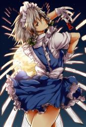 Rule 34 | 1girl, backlighting, bad id, bad pixiv id, between fingers, blue dress, braid, breasts, dress, frilled dress, frills, from behind, full moon, gloves, grey hair, highres, holding, holding knife, izayoi sakuya, knife, knives between fingers, light frown, looking at viewer, looking back, maid, maid headdress, moon, moonlight, night, night sky, red eyes, restaint, shirt, short dress, short hair, sky, sleeveless, sleeveless dress, small breasts, solo, star (sky), thighs, touhou, twin braids, white gloves, white shirt