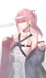 Rule 34 | 1girl, bare shoulders, black choker, black jacket, breasts, character name, choker, closed mouth, clothes pull, collarbone, copyright name, dress, girls&#039; frontline, hair ornament, hairclip, hetare galm sue, highres, jacket, jacket pull, long hair, looking down, mod3 (girls&#039; frontline), pink eyes, pink hair, ponytail, small breasts, solo, st ar-15 (girls&#039; frontline), st ar-15 (mod3) (girls&#039; frontline), upper body, white background, white dress