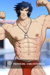 Rule 34 | 1boy, abs, adam&#039;s apple, bara, beach, blue hair, bulge, cowboy shot, dark blue hair, double biceps pose, erection, erection under clothes, flexing, huge eyebrows, hydaria, justice gakuen, large pectorals, lifeguard, looking at viewer, male focus, male swimwear, mature male, muscular, muscular male, mutton chops, navel, nekketsu hayato, nipples, paid reward available, pectorals, red male swimwear, short hair, solo, stomach, swim briefs, topless male, watermark, whistle, whistle around neck