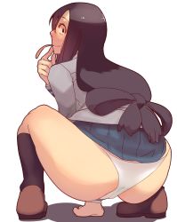 Rule 34 | 10s, 1girl, ass, asui tsuyu, black eyes, black hair, boku no hero academia, bow-shaped hair, cameltoe, clothes lift, finger to mouth, full body, hair rings, loafers, long hair, long tongue, looking back, low-tied long hair, niko (toitoi210), panties, shoes, simple background, skirt, skirt lift, socks, solo, squatting, tongue, tongue out, underwear, white background, white panties