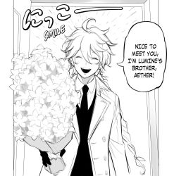 Rule 34 | 1boy, :d, ^ ^, aether (genshin impact), blush, bouquet, braid, closed eyes, cosplay, derivative work, door, english text, flower, genshin impact, gloves, greyscale, highres, holding, holding bouquet, jacket, kinigoni, long hair, long sleeves, male focus, comic panel redraw, monochrome, necktie, open mouth, shirt, sidelocks, smile, solo, spy x family, sweater, very long hair, wing collar, yuri briar, yuri briar (cosplay)