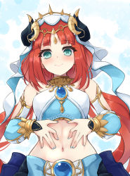 Rule 34 | 1girl, aqua eyes, bare shoulders, blush, breasts, circlet, closed mouth, crop top, detached sleeves, forehead jewel, genshin impact, gold trim, hands on own stomach, highres, horns, jewelry, kuro (be ok), long sleeves, looking at viewer, navel, neck ring, nilou (genshin impact), parted bangs, puffy long sleeves, puffy sleeves, red hair, small breasts, smile, solo, stomach, vambraces, veil, vision (genshin impact), white headwear