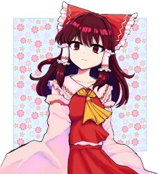 Rule 34 | 1girl, absurdres, blue background, border, bow, brown eyes, brown hair, detached sleeves, expressionless, floral background, flower, hair bow, hakurei reimu, highres, jacket, jazonyan, nontraditional miko, orange flower, pink flower, red bow, red jacket, red skirt, skirt, sleeveless, sleeveless jacket, solo, touhou, white border, white sleeves