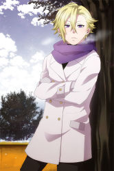 Rule 34 | 10s, 1boy, against tree, blonde hair, breath, coat, crossed arms, daryl yan, gloves, guilty crown, male focus, mittens, nakamura hiro (nobody10ch), outdoors, purple eyes, scarf, solo, tree, winter, winter clothes