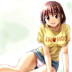 Rule 34 | 1girl, arm support, ayase fuuka, blush, bob cut, breasts, brown eyes, brown hair, clothes lift, clothes writing, covered erect nipples, denim, denim skirt, eyebrows, haruyama kazunori, hip focus, large breasts, lowres, lying, miniskirt, no bra, on side, panties, pencil skirt, shirt, short hair, skirt, skirt lift, solo, t-shirt, thick eyebrows, thigh gap, thighs, underwear, white panties, wide hips, yotsubato!