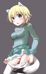 Rule 34 | 10s, 1girl, animal ears, blonde hair, blue eyes, brave witches, clothes pull, crotch seam, extra ears, highres, looking at viewer, nikka edvardine katajainen, panties, pantyhose, pantyhose pull, ribbed sweater, short hair, solo, strike witches, suomio, sweater, tail, underwear, weasel ears, weasel tail, white panties, white pantyhose, world witches series