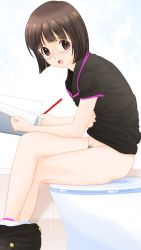 Rule 34 | 1girl, angry, bad id, bad pixiv id, bathroom, black shirt, black shorts, blush, breasts, brown eyes, brown hair, character request, clothes pull, copyright request, dedenden (pixiv30568724), glasses, highres, holding, looking at viewer, medium breasts, notebook, open mouth, panties, panty pull, pencil, pink socks, pubic hair, shirt, short hair, short sleeves, shorts, shorts pull, sitting, socks, toilet, toilet use, underwear, wall, white panties