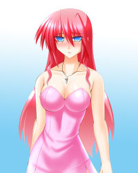 Rule 34 | 1girl, alternate hairstyle, bare shoulders, blue eyes, blush, breasts, cleavage, collarbone, curly hair, dress, engo (aquawatery), female focus, hair down, highres, jewelry, laevatein (nanoha), large breasts, long hair, lyrical nanoha, mahou shoujo lyrical nanoha, mahou shoujo lyrical nanoha a&#039;s, necklace, pink dress, pink hair, shy, signum, solo, strapless, strapless dress