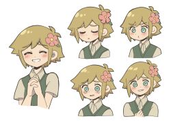 1boy basil_(faraway)_(omori) basil_(omori) blonde_hair blue_eyes closed_mouth collared_shirt expressions flower green_sweater_vest grin hair_flower hair_ornament male_focus omori open_mouth parted_lips pout shirotsume_143 shirt short_hair short_sleeves simple_background smile solo sweater_vest tearing_up teeth white_background white_shirt