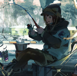 Rule 34 | 1girl, absurdres, beanie, blue nails, blush, brown eyes, brown hair, coat, day, fangs, fishing, fishing rod, hat, highres, holding, holding fishing rod, kukka, looking away, nail polish, open mouth, original, outdoors, short hair, sitting, smile, solo, teeth