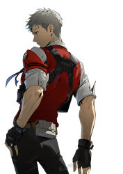 Rule 34 | 1boy, absurdres, back, bandaid, bandaid on head, belt, black gloves, closed mouth, collared shirt, fingerless gloves, gloves, grey eyes, grey hair, grey pants, highres, lee999nine, male focus, pants, persona, persona 3, red vest, sanada akihiko, shirt, short hair, simple background, solo, standing, twitter username, v-shaped eyebrows, vest, white background, white shirt